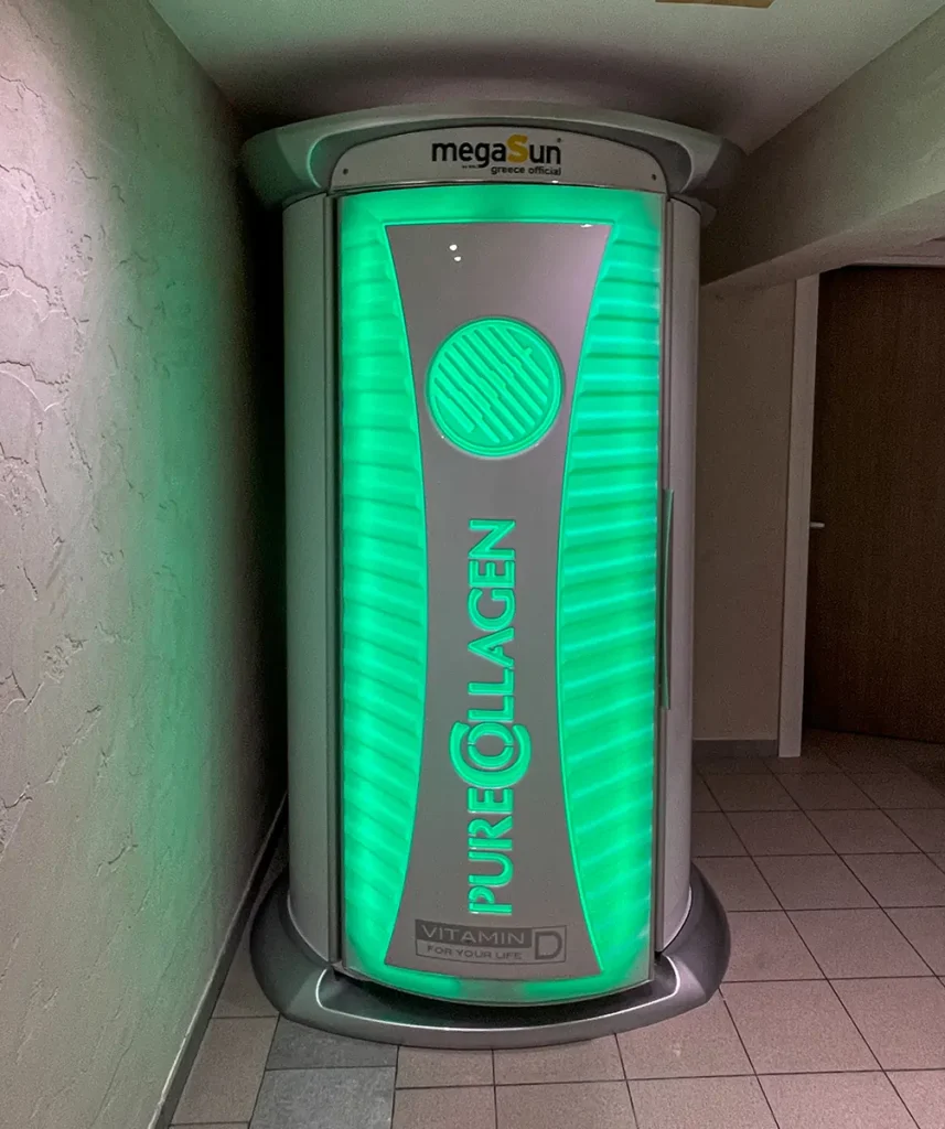 MegaSun vertical collagen solarium open for tanning session in Larnaca Cyprus