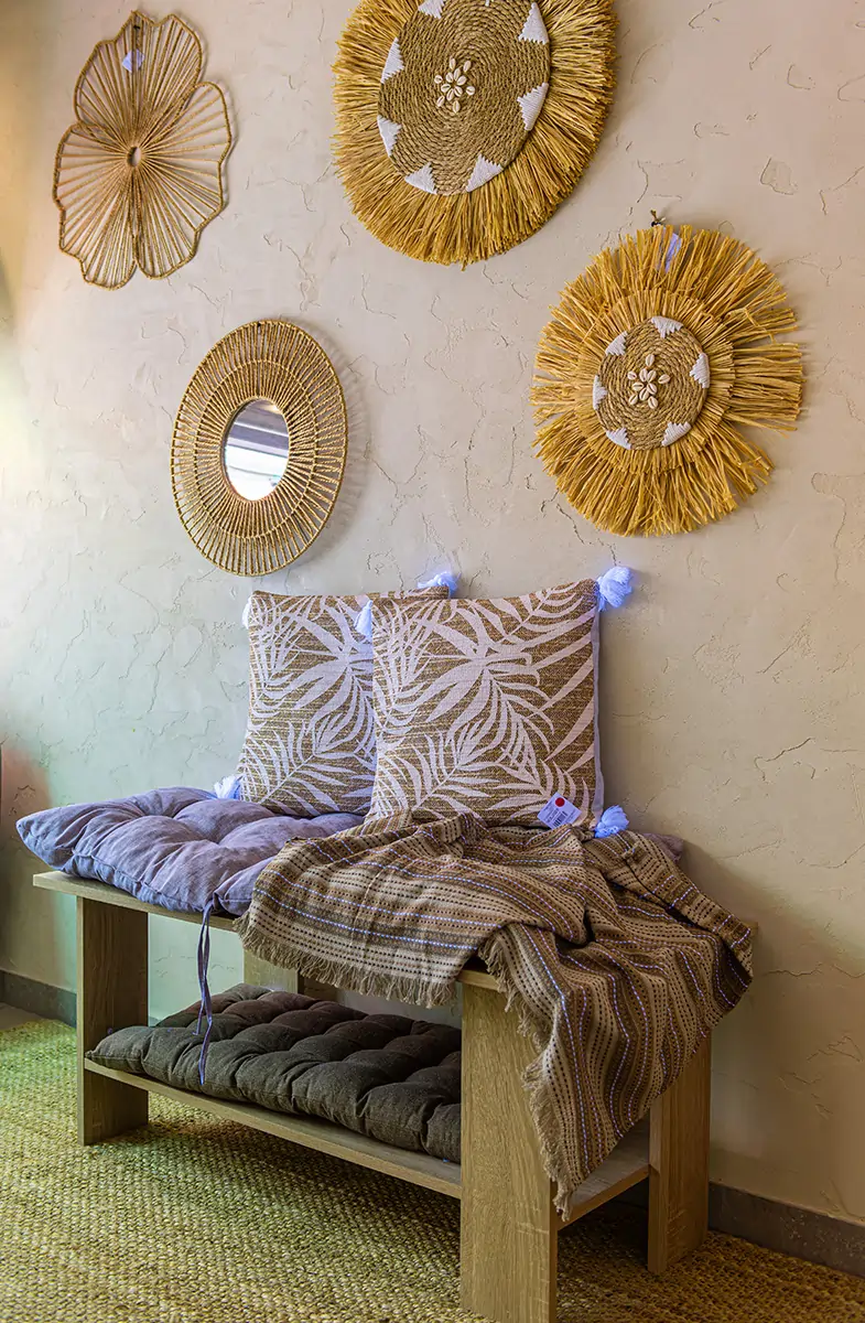 Decorative relaxation bench and wellness-inspired interior at MegaSun Solarium Larnaca