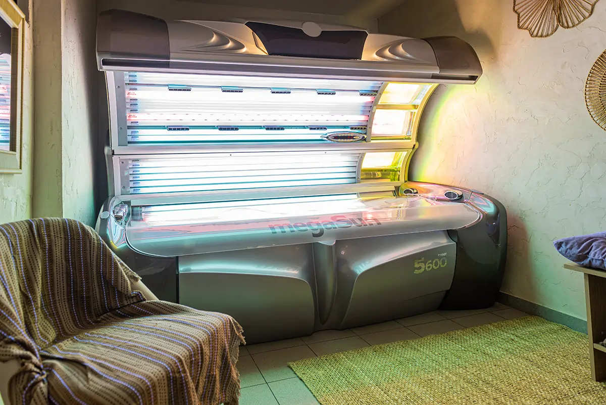 MegaSun Super 5600 tanning bed with luxury relaxation area at MegaSun Solarium Larnaca Cyprus