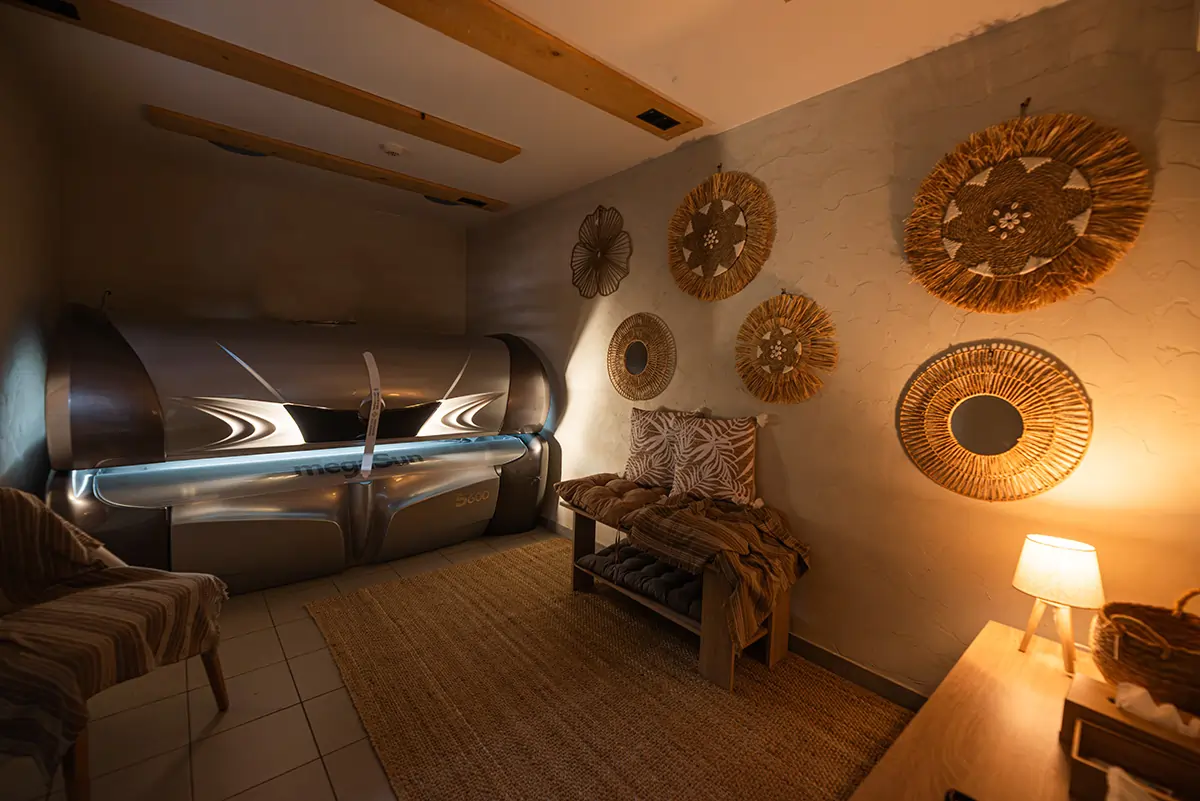 MegaSun Solarium Larnaca luxury tanning room inside Rise Urban Art Hotel with relaxing ambient lighting and MegaSun tanning bed